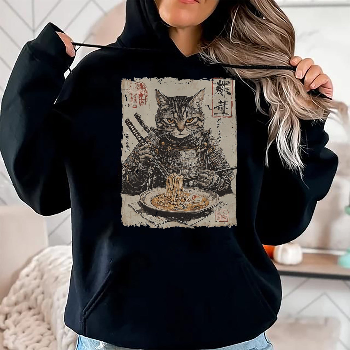 Cat Love Shirt, Funny Cat Lover Gift UnisexT-Shirt/Hoodie/Sweatshirt HLT00 - Samurai Cat Loves Ramen Funny Anime Japanese Artwork Samurai T-Shirt, Men, Black, X-Large
