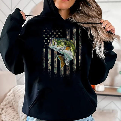 Funny Fishing Shirt, Gift For Fishing Lover Unisex T-Shirt/Hoodie/Sweatshirt HLT00 - American Flag Camo Bass Fish Fishing T-Shirt