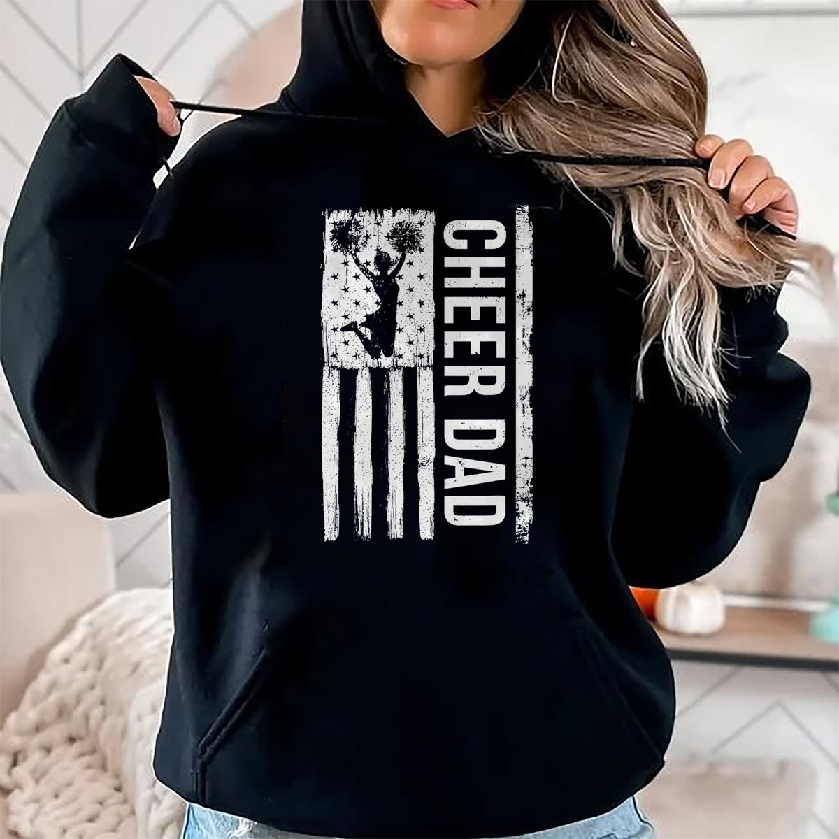 Gift for Dad Shirt, Funny Dad Unisex T-Shirt/Hoodie/Sweatshirt HLT00 – Cheer Dad Cheerleading American Flag Fathers Day Cheerleader T-Shirt