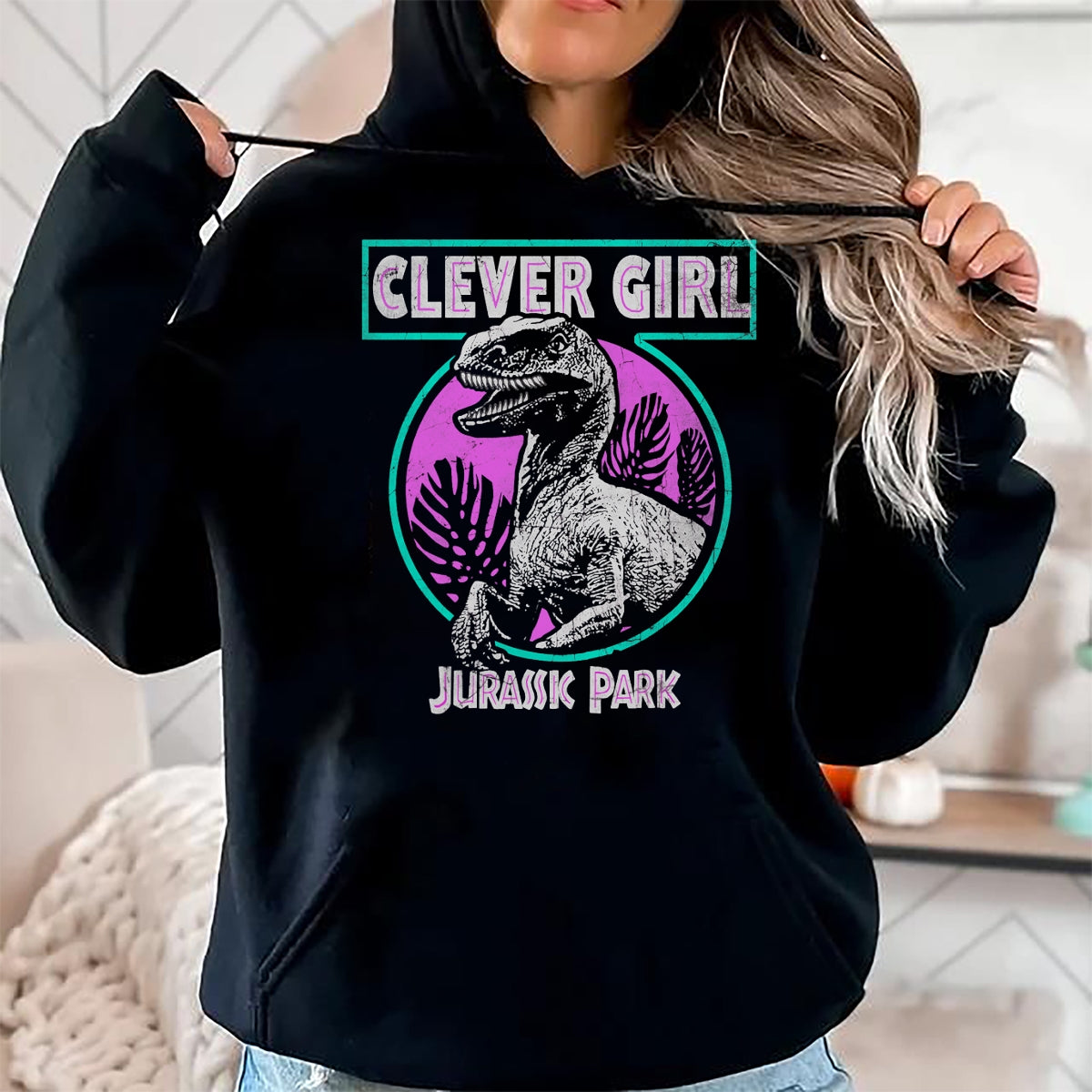 Best Dinosaur Lover Shirt, Funny Dinosaur UnisexT-Shirt/Hoodie/Sweatshirt HLT00 - Jurassic Park Distressed Teal Raptor Clever Girl Short Sleeve T-Shirt