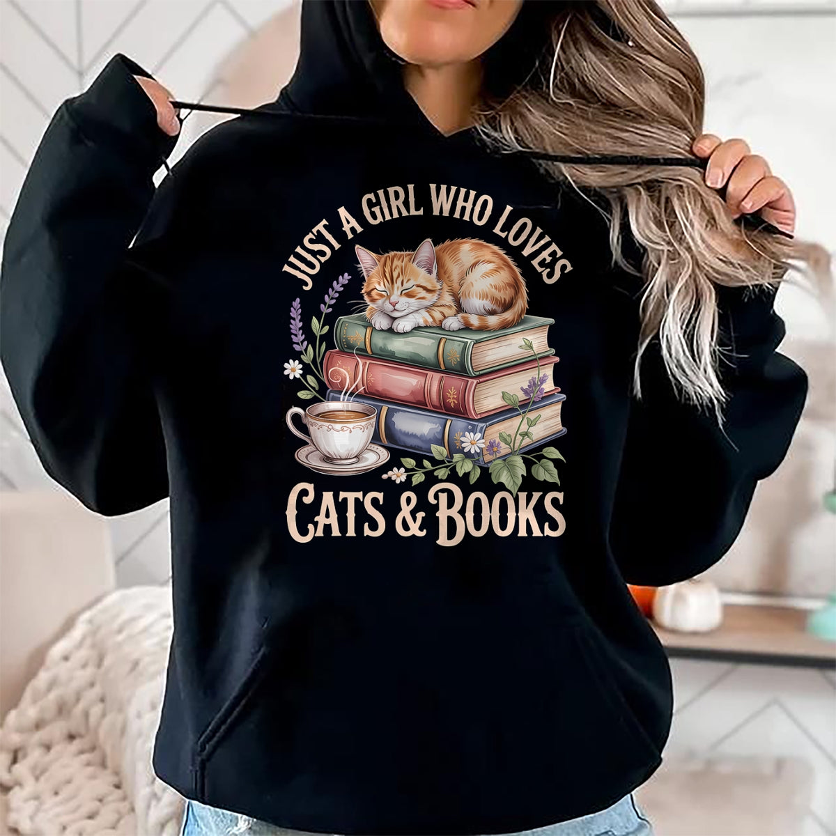 Cat Love Shirt, Funny Cat Lover Gift UnisexT-Shirt/Hoodie/Sweatshirt HLT00 - Just A Girl Who Loves Cats and Books Reading Librarian T-Shirt
