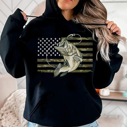 Funny Fishing Shirt, Gift For Fishing Lover Unisex T-Shirt/Hoodie/Sweatshirt HLT00 - Fishing Camouflage US American Flag Bass Fish Fisherman Camo T-Shirt