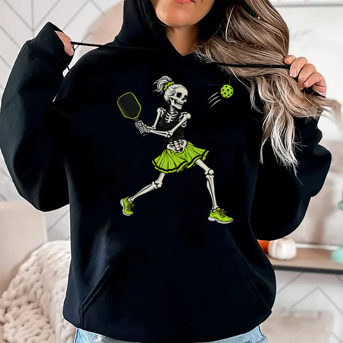 Funny Pickleball Shirt, Pickleball Lover Unisex T-Shirt/Hoodie/Sweatshirt HLT00 - Funny Pickleball Skeleton Halloween Sport Spooky Women Girls T-Shirt