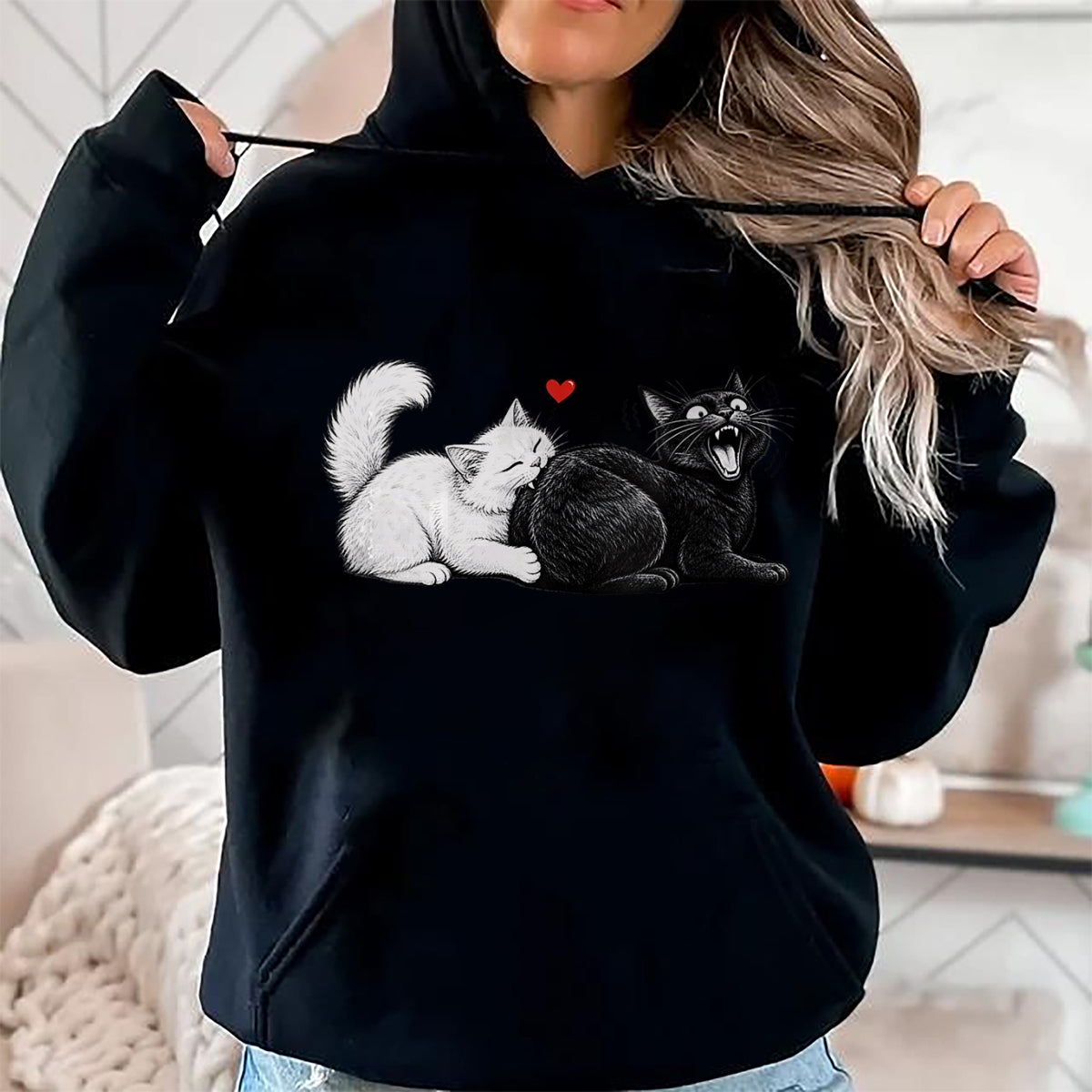 Cat Love Shirt, Funny Cat Lover Gift UnisexT-Shirt/Hoodie/Sweatshirt HLT00 - Women_s Funny Cat Couple Black White Cats Love Cat Biting Cat Butt V-Neck T-Shirt (1)