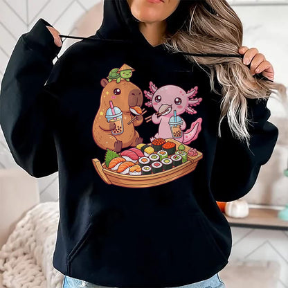 Cute Capybara Shirt, Funny Capybara Unisex T-Shirt/Hoodie/Sweatshirt HLT00 - Cute Capybara Axolotl Sushi Nigiri Bubble Tea Anime Food T-Shirt
