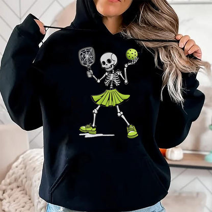 Funny Pickleball Shirt, Pickleball Lover Unisex T-Shirt/Hoodie/Sweatshirt HLT00 - Spooky Pickleball Halloween Skeleton Costume Women T-Shirt