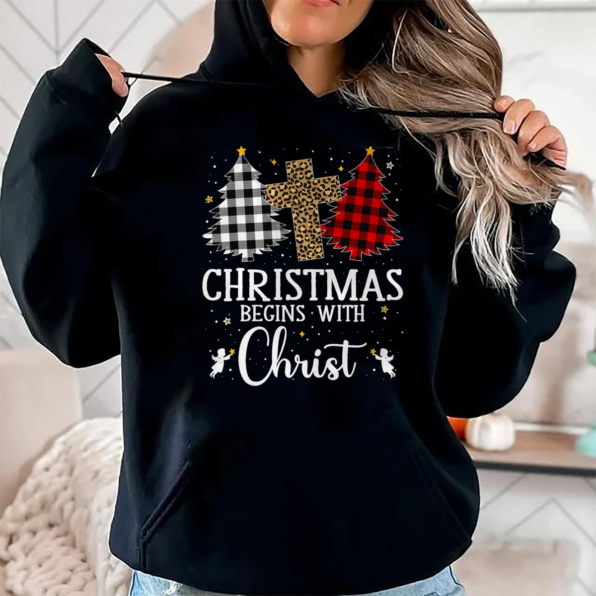 Christian Tee, Christian Faith Unisex T-Shirt/Hoodie/Sweatshirt HLT00 - Christmas Begins With Christ Jesus Cross Christian Christmas T-Shirt