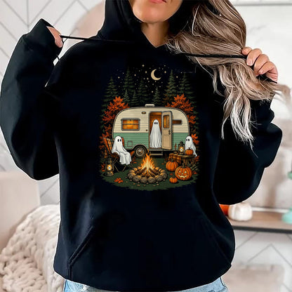 Funny Camping Shirt, Gift For Camping Lover Unisex T-Shirt/Hoodie/Sweatshirt HLT00 - Halloween Ghost Rv Camping Fall Camper Pumpkin Camper Autumn T-Shirt