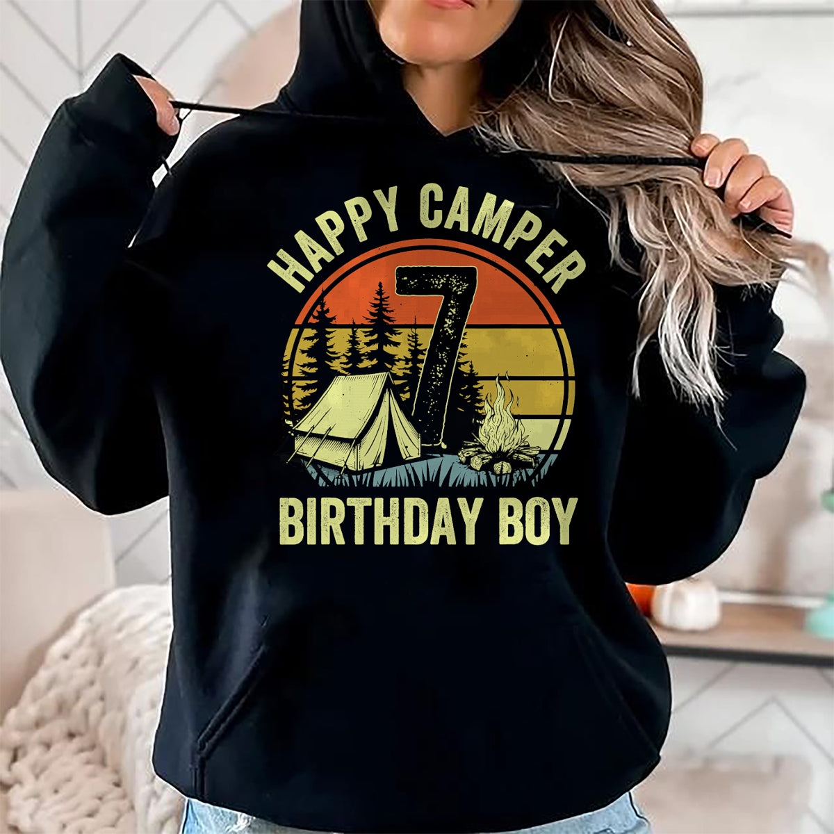 Funny Camping Shirt, Gift For Camping Lover Unisex T-Shirt/Hoodie/Sweatshirt HLT00 - Happy Camper 7 Funny Camping Campfire 7th Birthday Boy T-Shirt