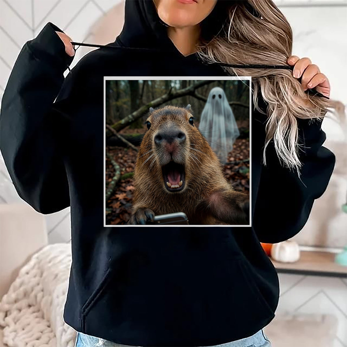 Cute Capybara Shirt, Funny Capybara Unisex T-Shirt/Hoodie/Sweatshirt HLT00 - Funny Capybara Ghost Selfie Photo Capy Meme Tee Kawaii T-Shirt