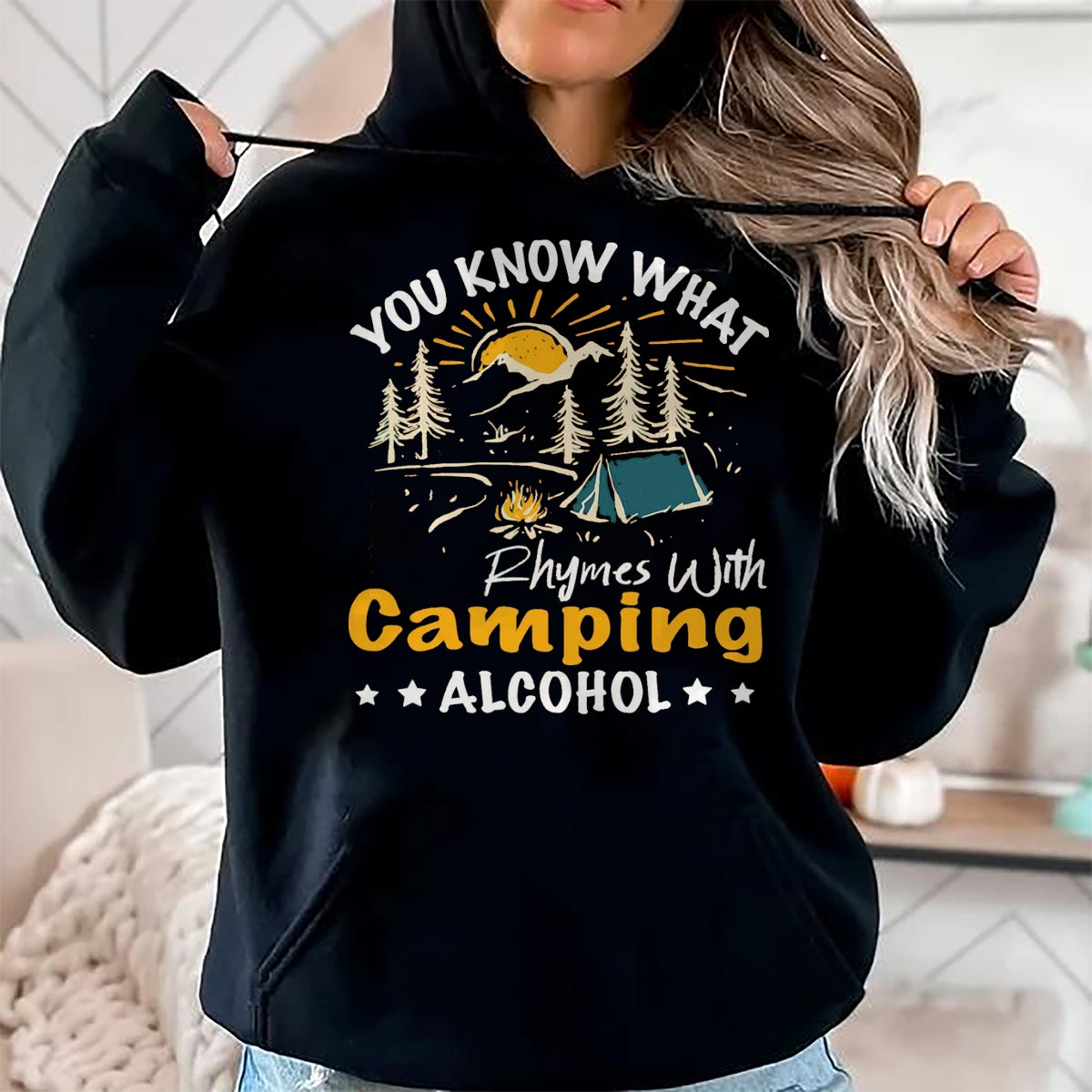 Funny Camping Shirt, Gift For Camping Lover Unisex T-Shirt/Hoodie/Sweatshirt HLT00 - You Know What Rhymes with Camping Alcohol Hiking Adventure T-Shirt, Men, Black, Medium