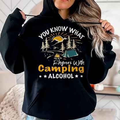 Funny Camping Shirt, Gift For Camping Lover Unisex T-Shirt/Hoodie/Sweatshirt HLT00 - You Know What Rhymes with Camping Alcohol Hiking Adventure T-Shirt, Men, Black, Medium