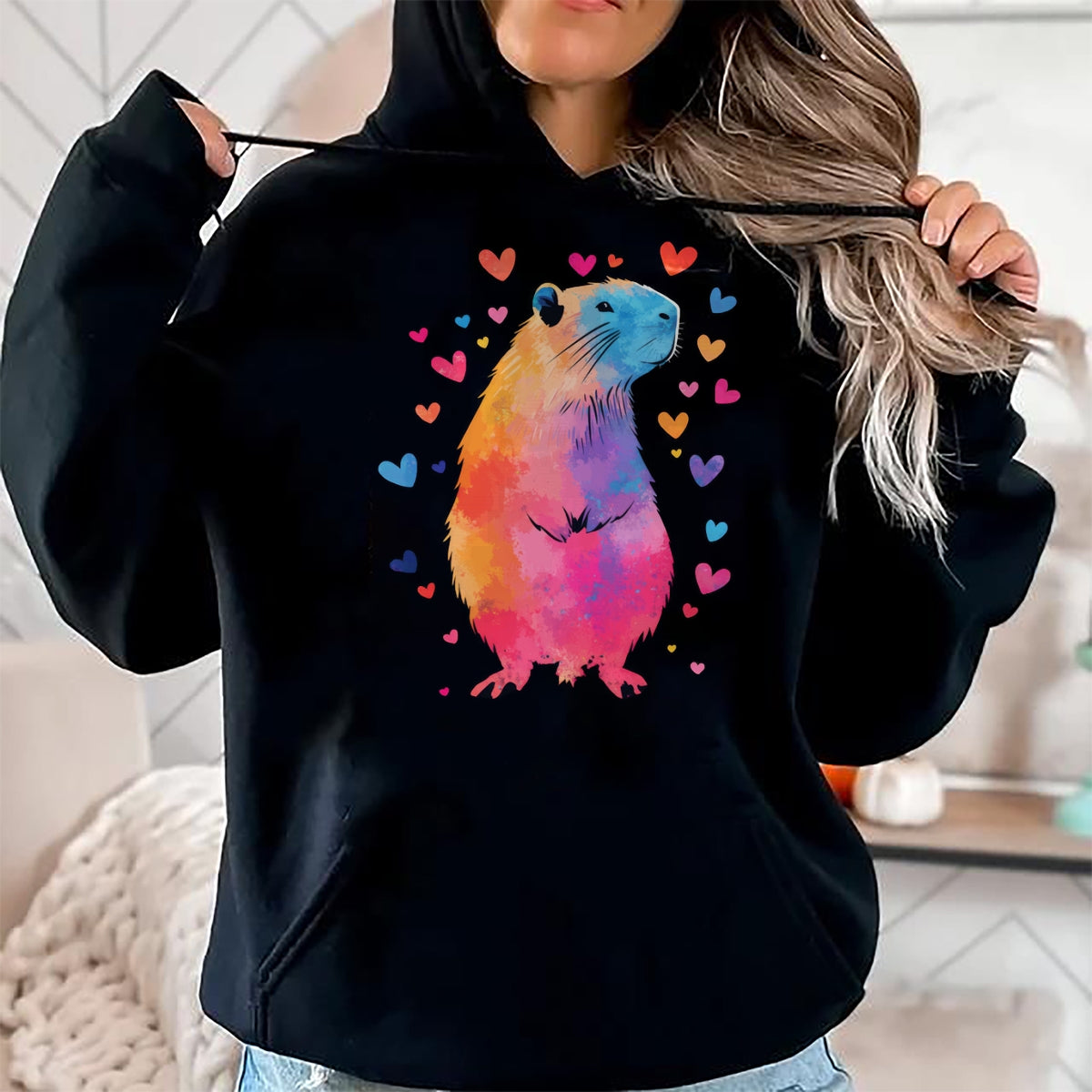 Cute Capybara Shirt, Funny Capybara Unisex T-Shirt/Hoodie/Sweatshirt HLT00 - Colorful Capybara Hearts Long Sleeve T-Shirt