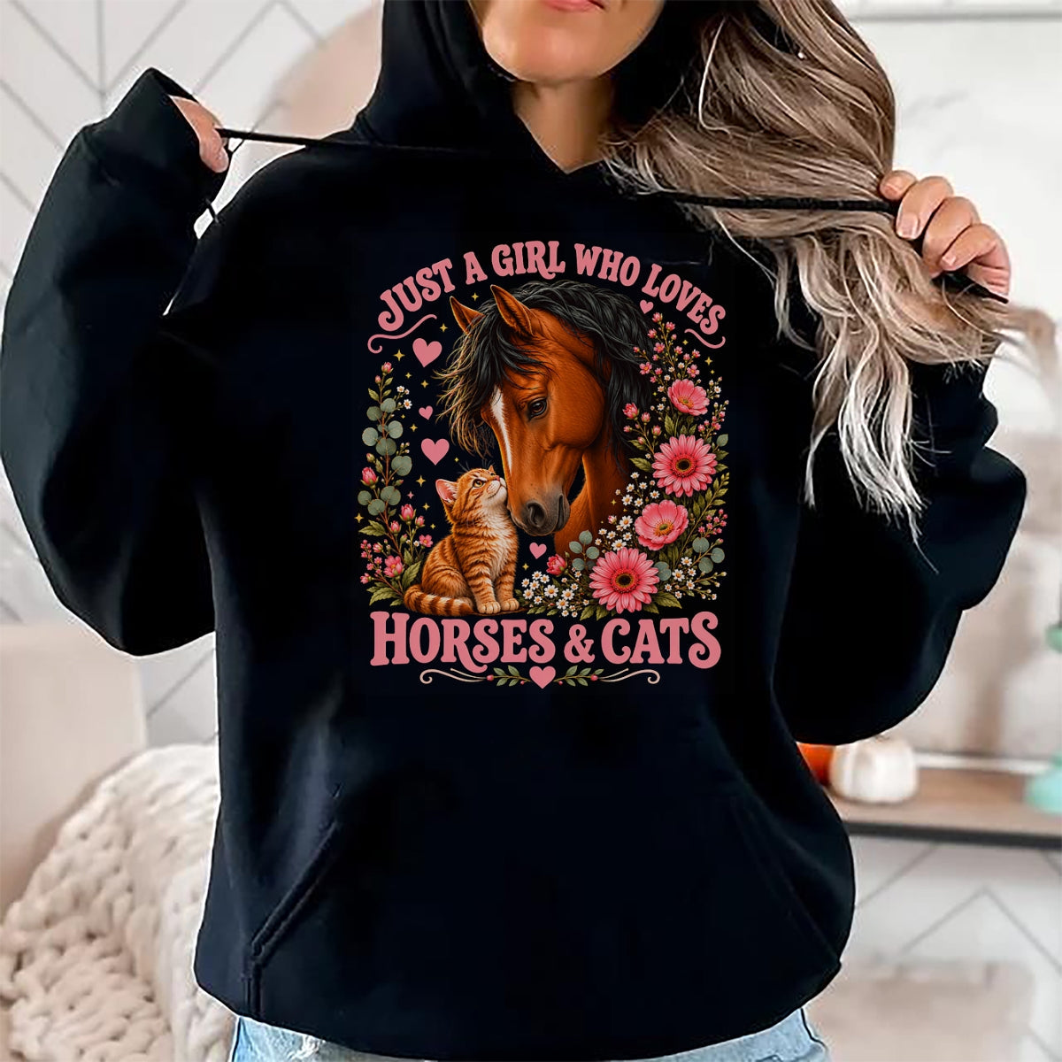 Cat Love Shirt, Funny Cat Lover Gift UnisexT-Shirt/Hoodie/Sweatshirt HLT00 - Just a Girl Who Loves Horses and Cats Floral Animal Lover T-Shirt