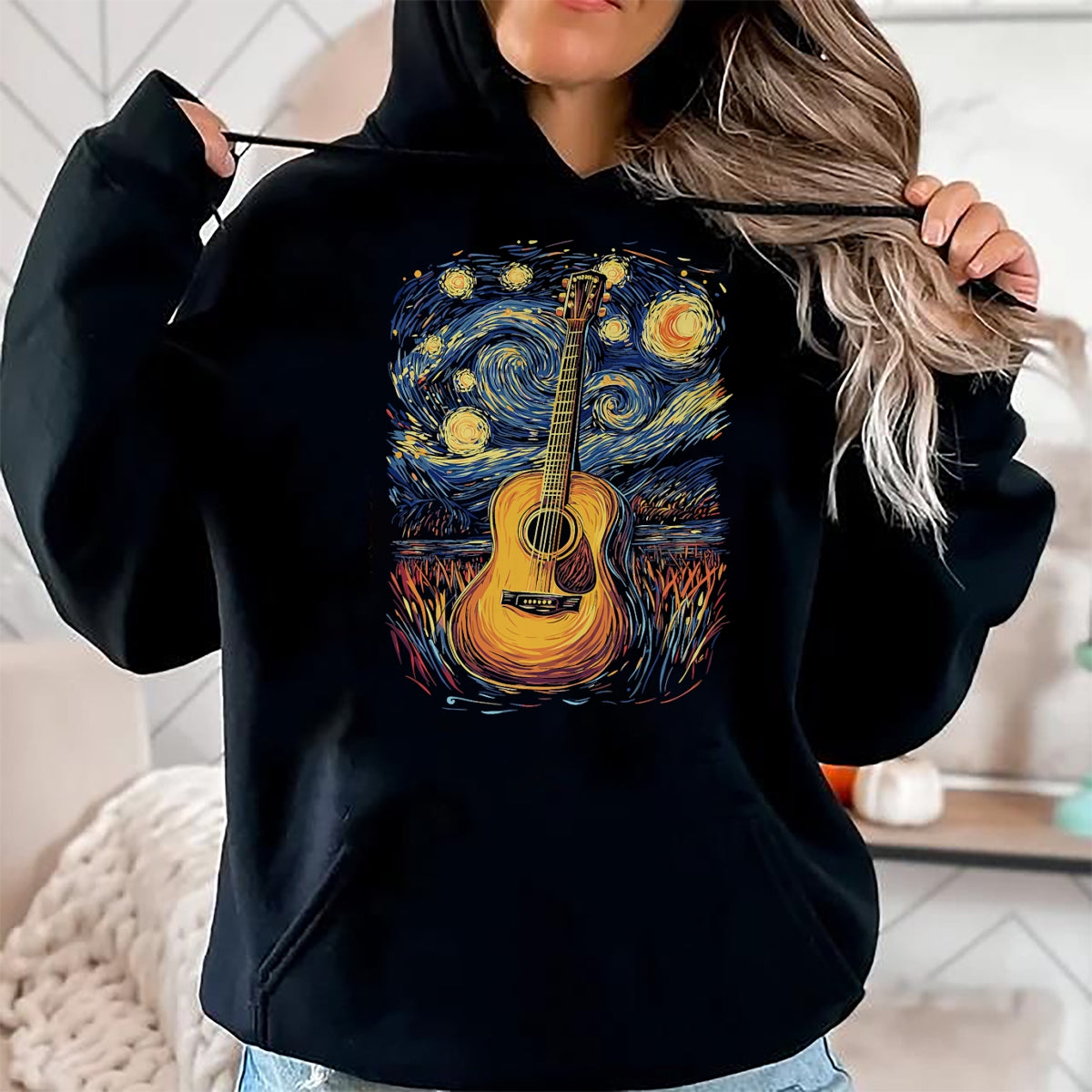 Guitar Lover Shirt, Funny Guitar UnisexT-Shirt/Hoodie/Sweatshirt HLT00 - Starry Night Inspired Acoustic Guitar T-Shirt