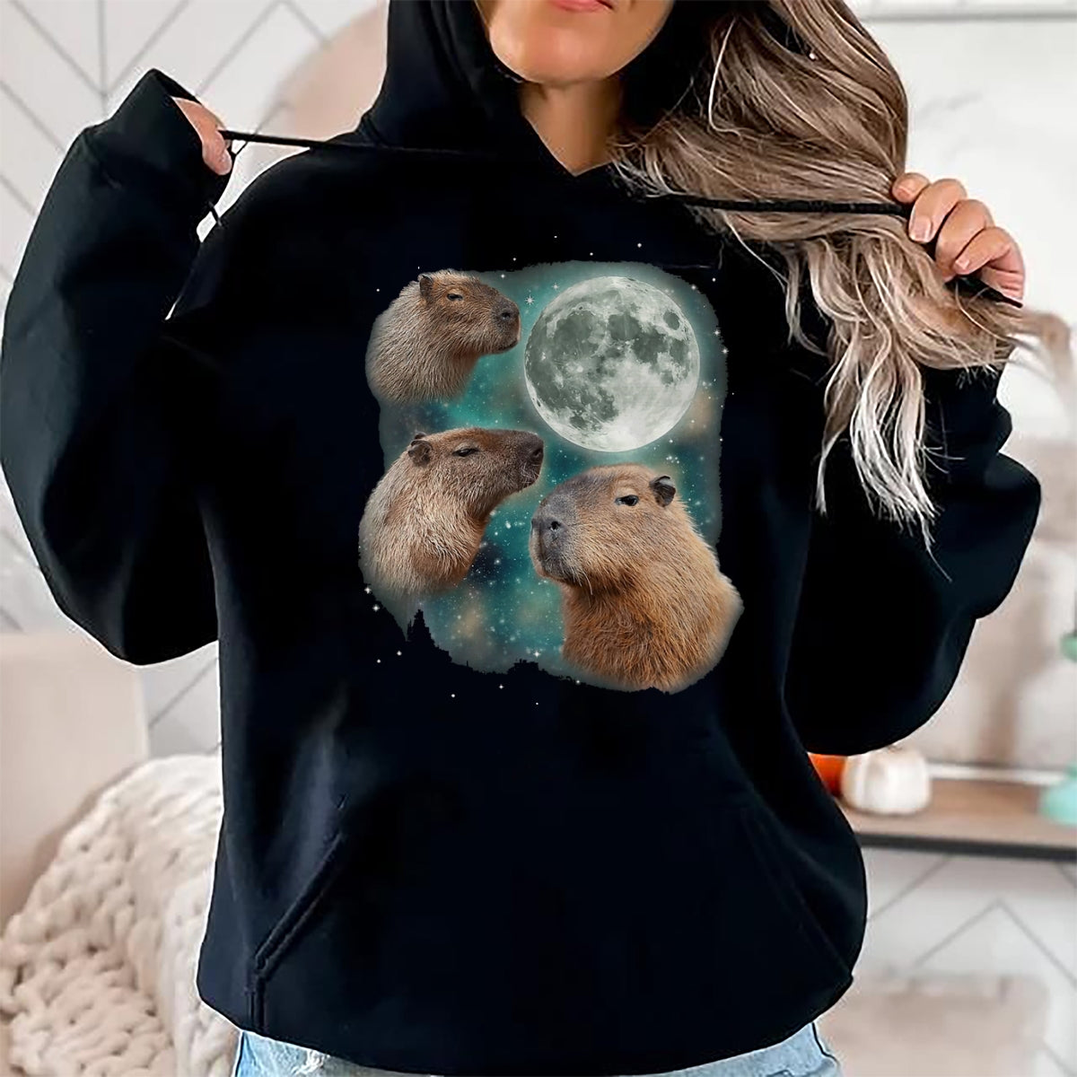 Cute Capybara Shirt, Funny Capybara UnisexT-Shirt/Hoodie/Sweatshirt HLT00 - 3 Capybara Moon Giant Rodents Weird Howling Parody T-Shirt, Men, Black, 3X-Large