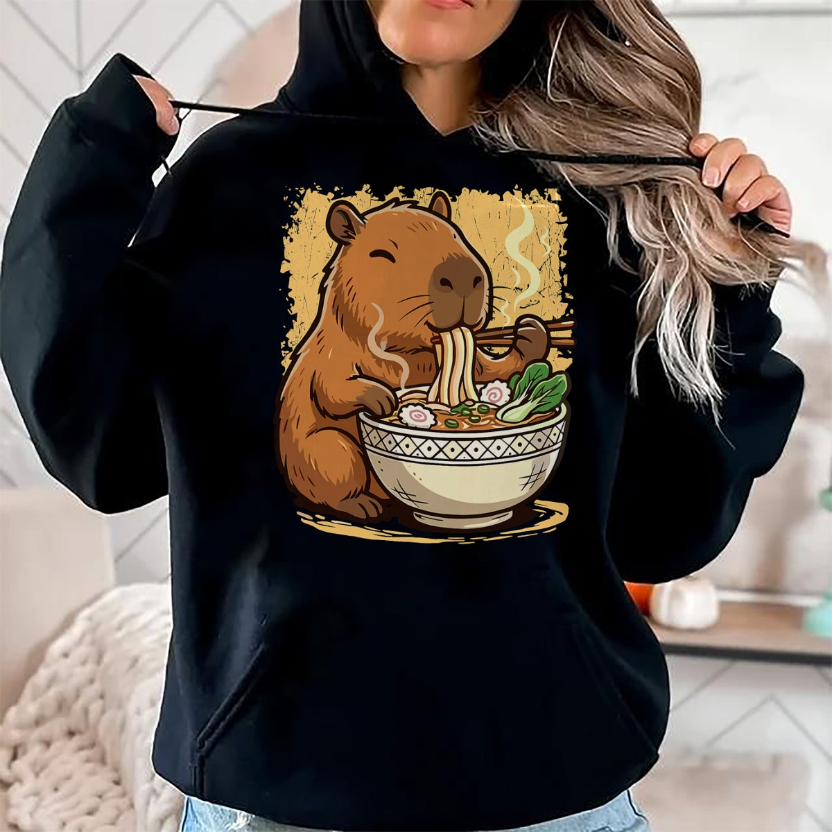 Cute Capybara Shirt, Funny Capybara Unisex T-Shirt/Hoodie/Sweatshirt HLT00 - Capybara Eating Ramen Noodles T-Shirt