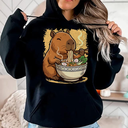Cute Capybara Shirt, Funny Capybara Unisex T-Shirt/Hoodie/Sweatshirt HLT00 - Capybara Eating Ramen Noodles T-Shirt