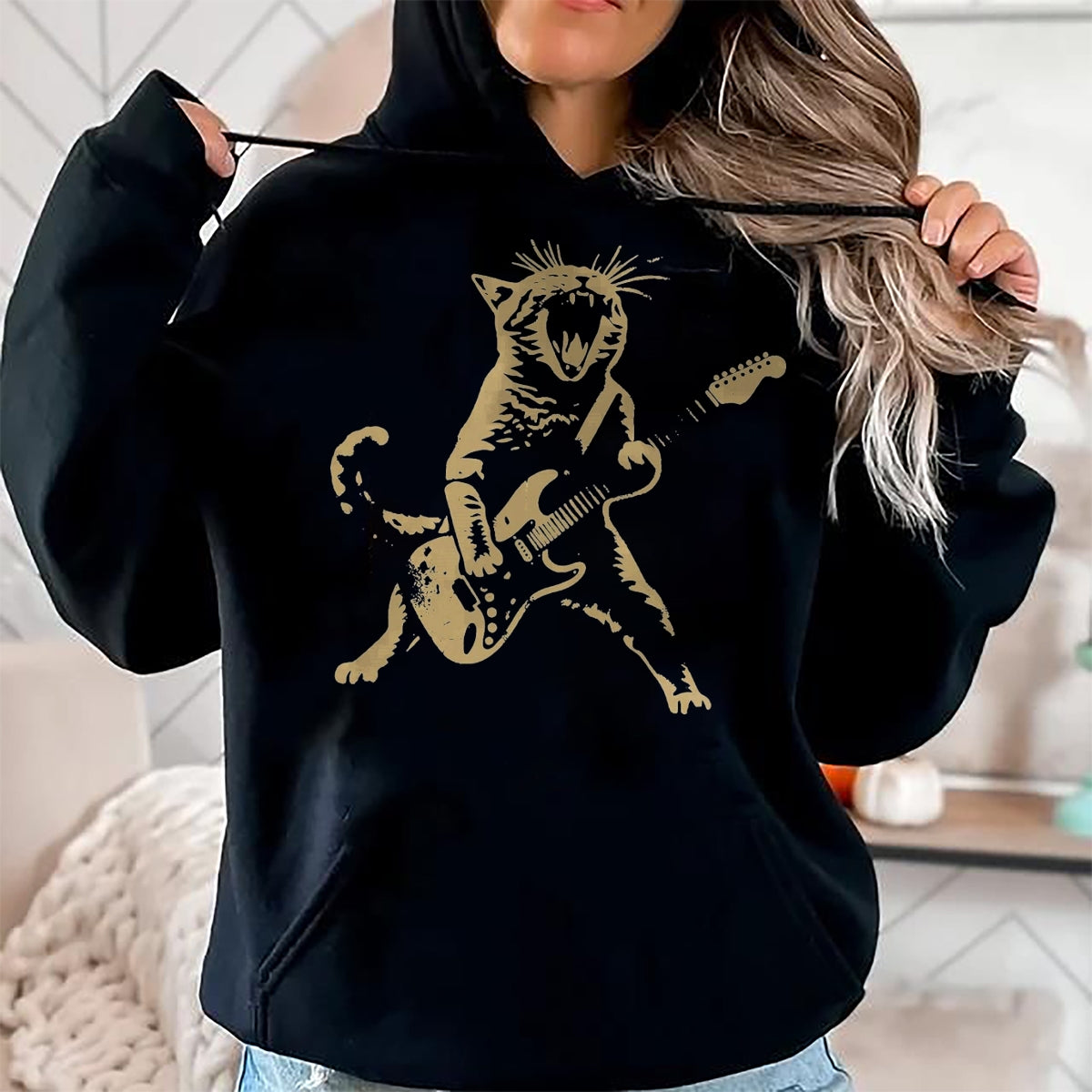Guitar Lover Shirt, Funny Guitar UnisexT-Shirt/Hoodie/Sweatshirt HLT00 - Cat Playing Guitar Rock Star Rock and Roll Men Women Kids T-Shirt, Men, Black, 3X-Large