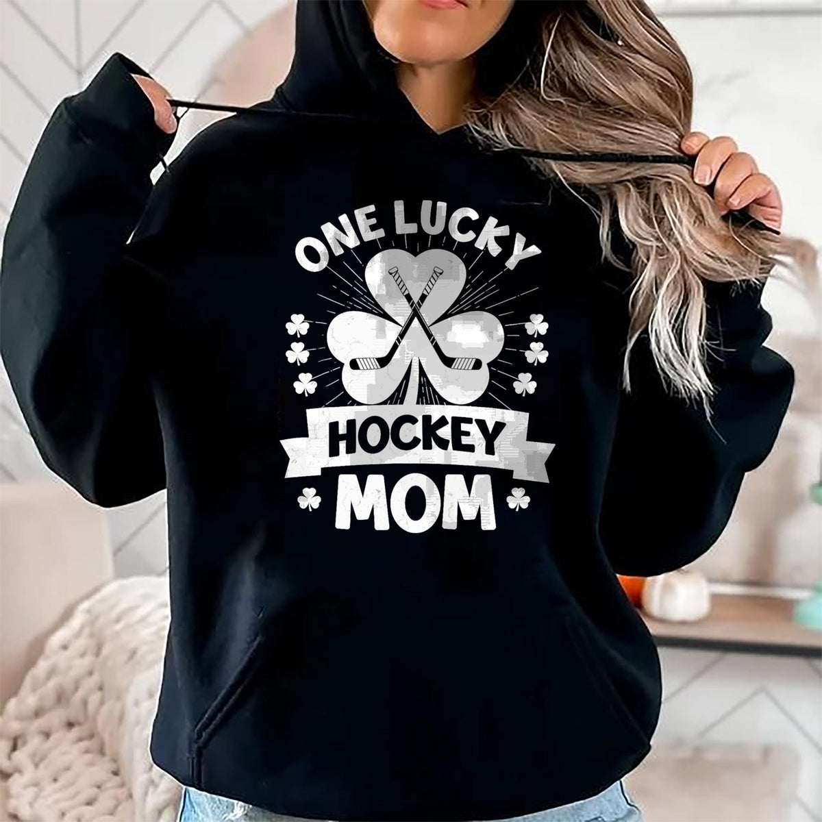 Gift for Mom Shirt, Funny Mom Unisex T-Shirt/Hoodie/Sweatshirt HLT00 - One Lucky Hockey Mom Ice Hockey Shamrock St Patricks Day T-Shirt