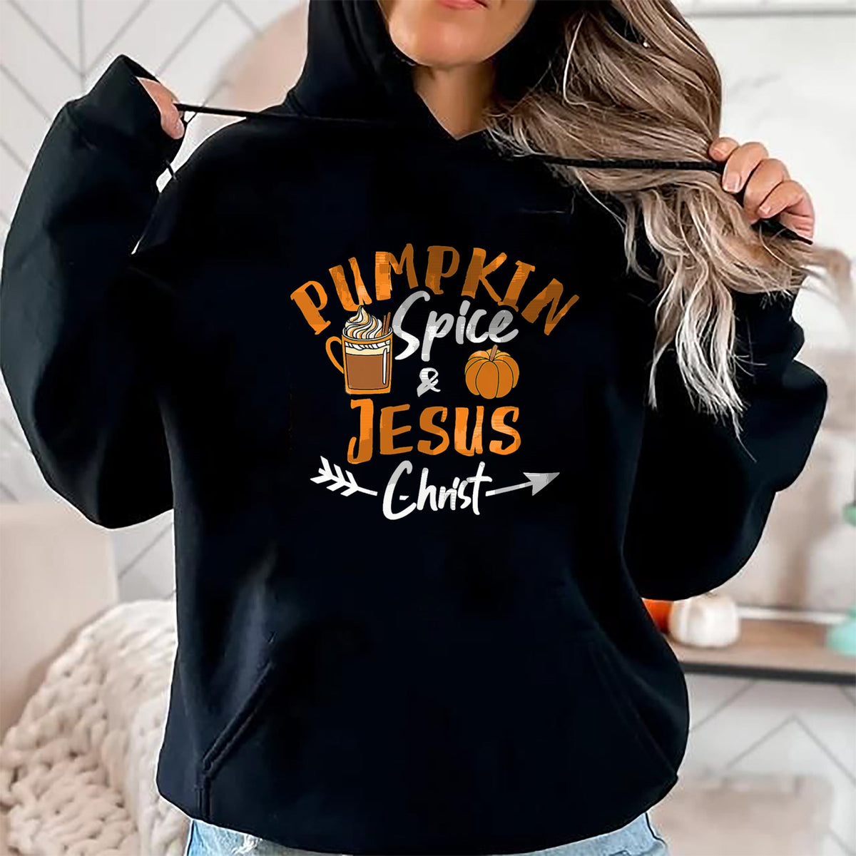 Christian Tee, Christian Faith Unisex T-Shirt/Hoodie/Sweatshirt HLT00 - Halloween Christian Pumpkin Spice And Jesus Christ Fall Leaf T-Shirt