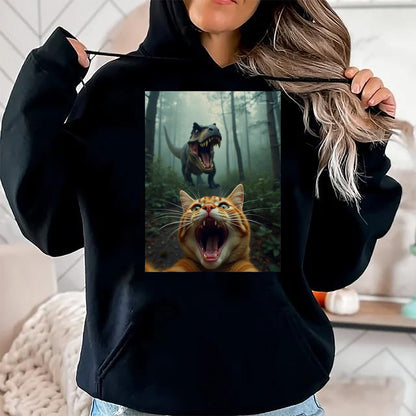 Best Dinosaur Lover Shirt, Funny Dinosaur UnisexT-Shirt/Hoodie/Sweatshirt HLT00 -Cat Selfie with T-Rex Dinosaur T-Shirt, Men, Black, 3X-Large