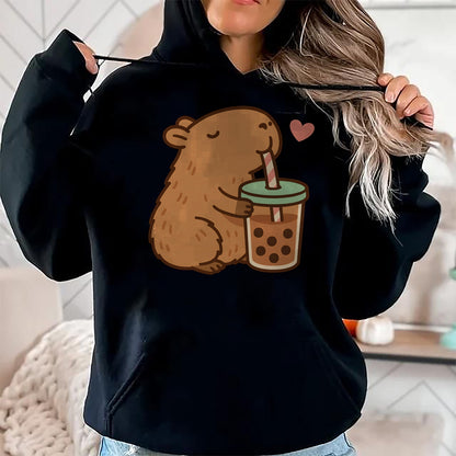 Cute Capybara Shirt, Funny Capybara Unisex T-Shirt/Hoodie/Sweatshirt HLT00 - Cute Capybara Boba Kawaii Bubble Drink Girls Women Long Sleeve T-Shirt