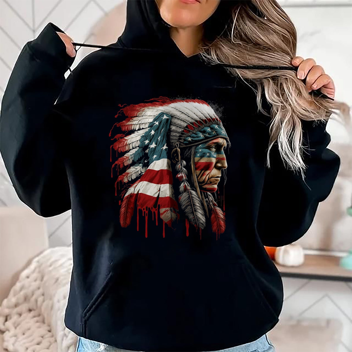 Native American T-Shirts, Vintage Native American Unisex T-Shirt/Hoodie/Sweatshirt HLT00 - Native American Indian Chief American USA Flag T-Shirt (2)