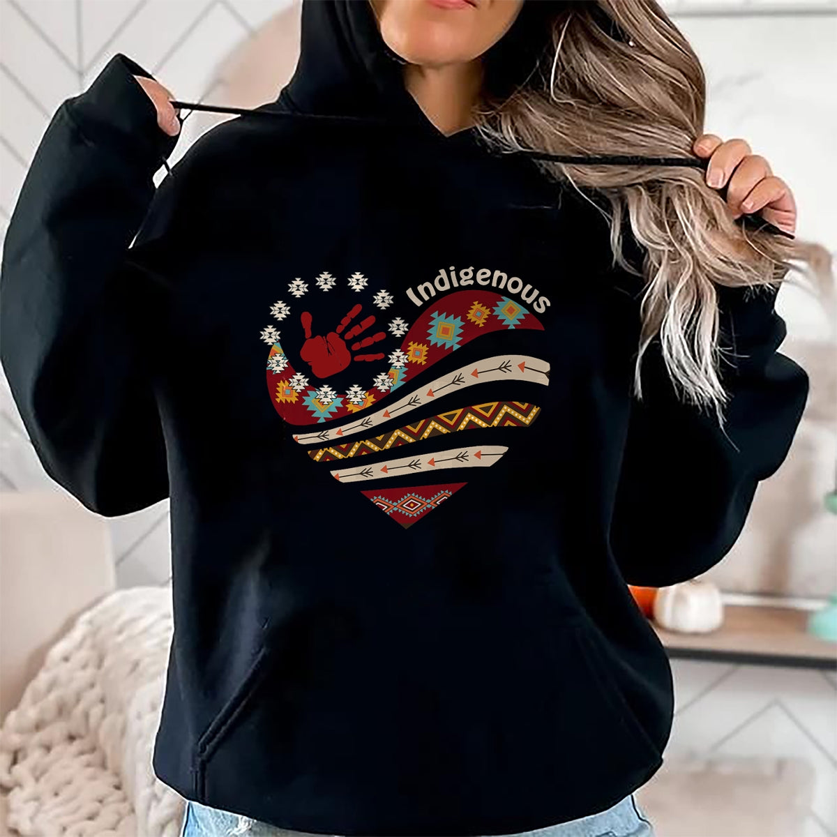 Native American T-Shirts, Vintage Native American Unisex T-Shirt/Hoodie/Sweatshirt HLT00 - Indigenous Native American Blood Red Hand Heart Shape Womens T-Shirt (1)