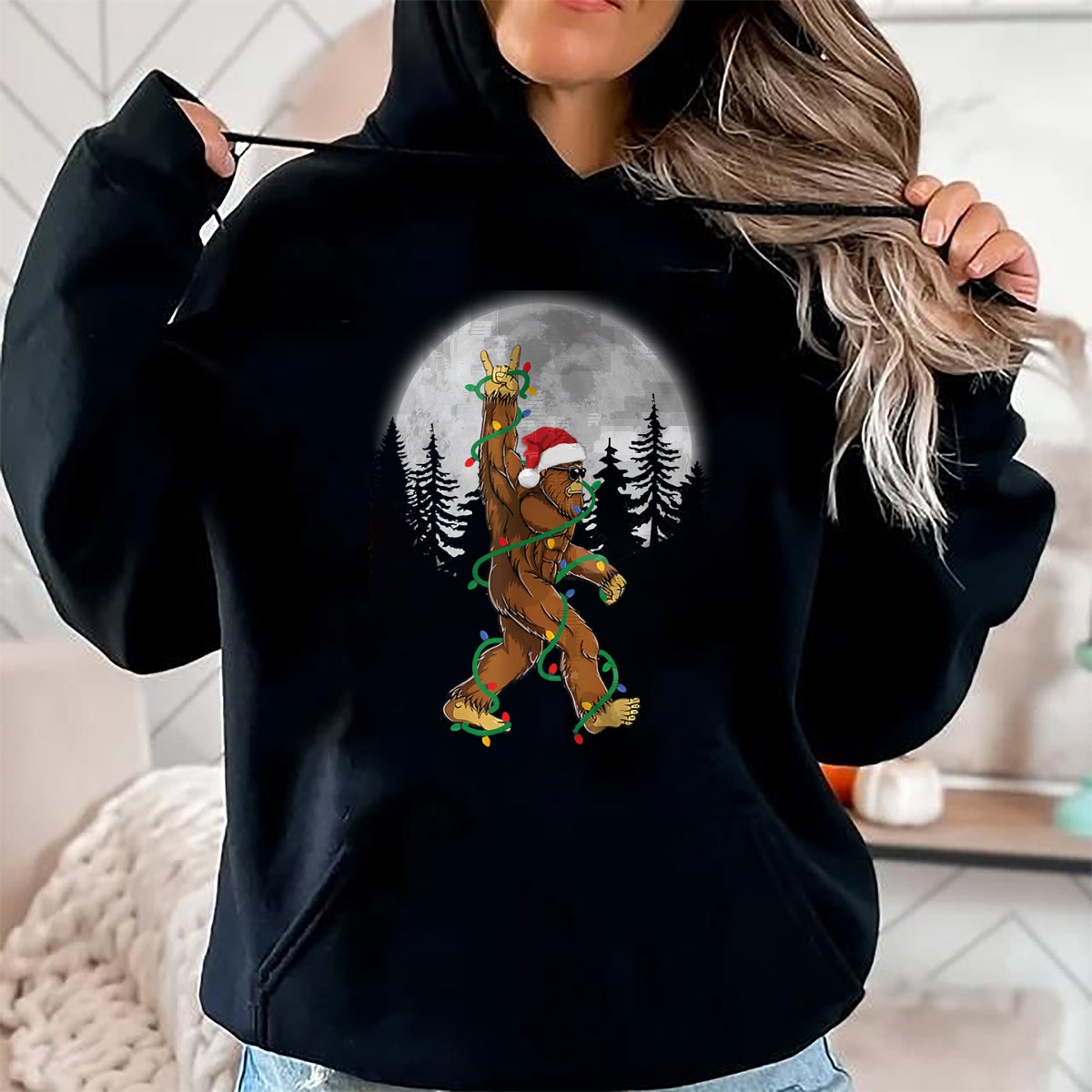 Christmas Shirts for Family, Funny christmas shirts, Christmas Unisex T-Shirt/Hoodie/Sweatshirt HLT00 - Bigfoot Santa Christmas Tree Lights Funny Xmas Sasquatch Long Sleeve T-Shirt