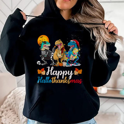 Christmas Shirts for Family, Funny christmas shirts, Christmas Unisex T-Shirt/Hoodie/Sweatshirt HLT00 - Halloween Thanksgiving Christmas Happy HalloThanksMas T rex T-Shirt
