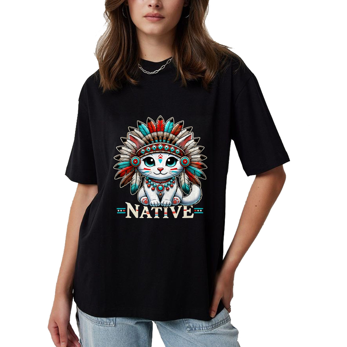 Native American T-Shirts, Vintage Native American Unisex T-Shirt/Hoodie/Sweatshirt HLT00 - Native American Day Cute American Native Indian Kawaii Cat T-Shirt (1)