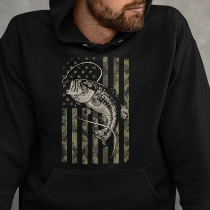 Funny Fishing Shirt, Gift For Fishing Lover Unisex T-Shirt/Hoodie/Sweatshirt HLT00 - Fishing Camo American Flag Bass Fish (Design on Back) T-Shirt