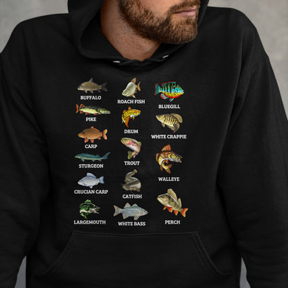 Funny Fishing Shirt, Gift For Fishing Lover Unisex T-Shirt/Hoodie/Sweatshirt HLT00 - Types of Freshwater Fish Species Fishing Fisherman Anglers T-Shirt
