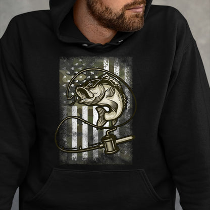 Funny Fishing Shirt, Gift For Fishing Lover Unisex T-Shirt/Hoodie/Sweatshirt HLT00 - Vintage Fishing Camouflage American Flag Bass Fish Camo Men T-Shirt