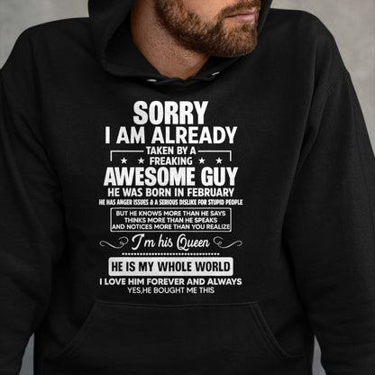 Best Wife Shirt, Wife and Husband Unisex T-Shirt/Hoodie/Sweatshirt HLT00 - I Am Already Taken By A Awesome Guy He Was Born In February T-Shirt