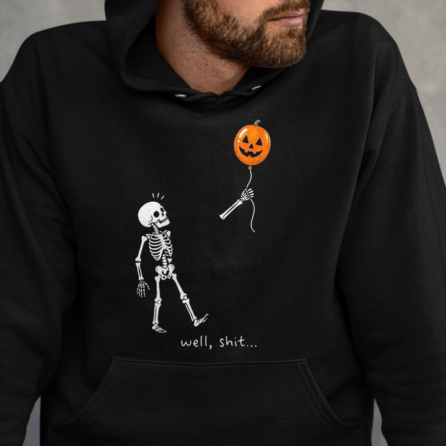 Best Thanksgiving Family Shirt , Funny Thanksgiving UnisexT-Shirt/Hoodie/Sweatshirt HLT00 - Well Shit Skeleton Holding Balloon Pumpkin Gothic Halloween T-Shirt, Men, Black, X-Large