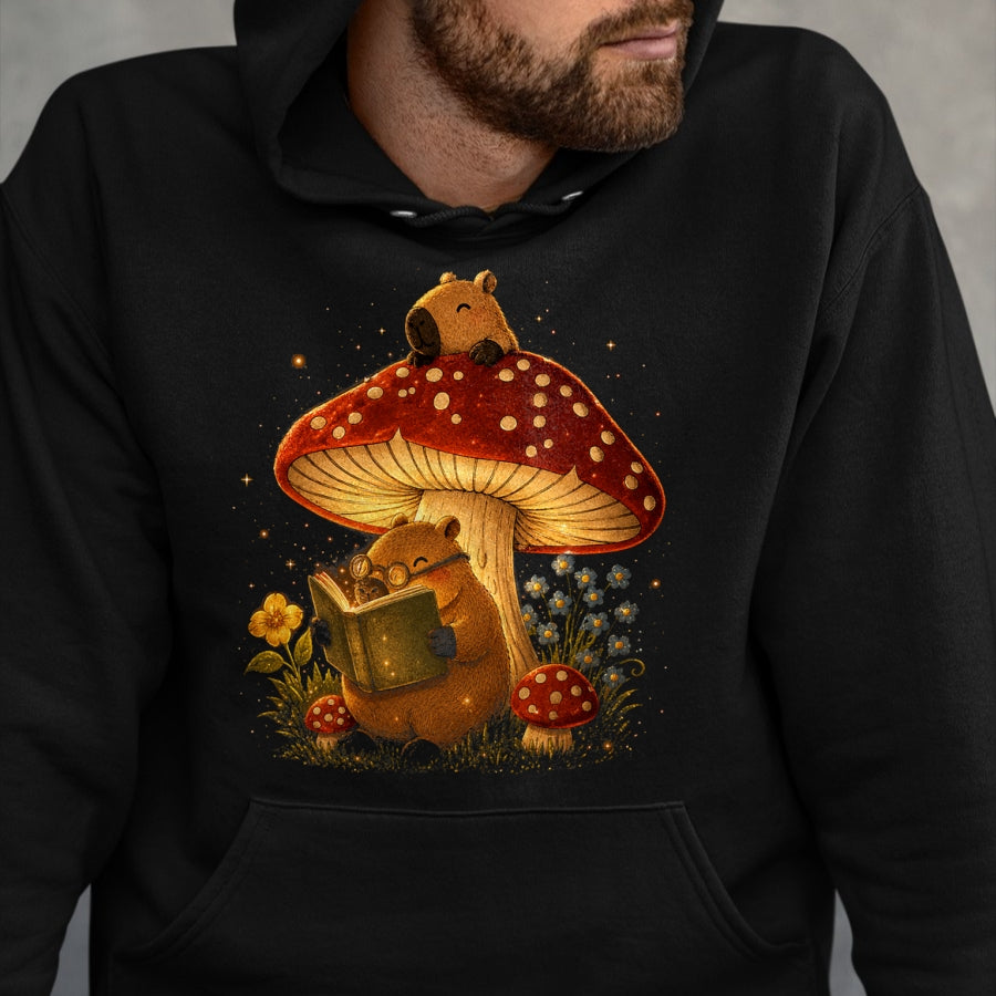 Cute Capybara Shirt, Funny Capybara Unisex T-Shirt/Hoodie/Sweatshirt HLT00 - Capybara Reading Book Mushroom Cottagecore Aesthetic Women T-Shirt