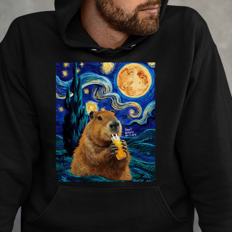 Cute Capybara Shirt, Funny Capybara Unisex T-Shirt/Hoodie/Sweatshirt HLT00 - Capybara in Van Gogh Starry Night Don_t Worry Be Capy Cappy T-Shirt