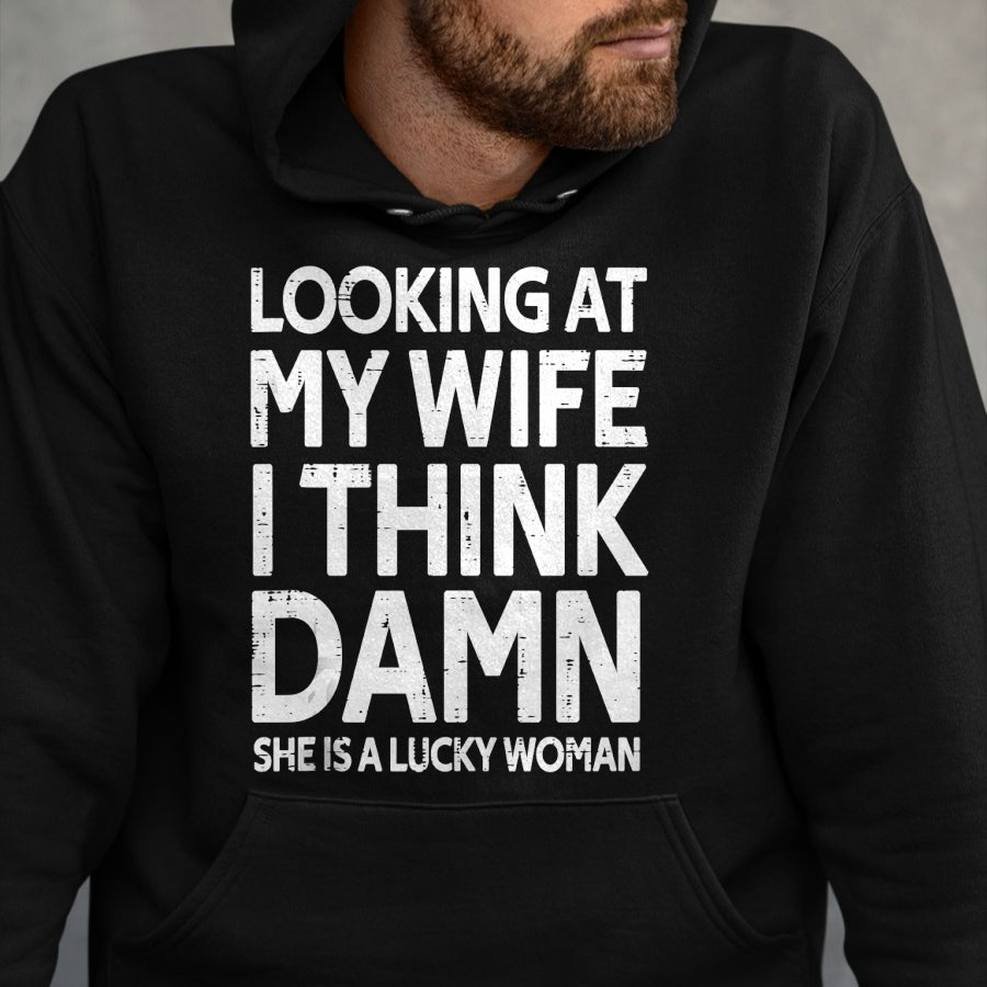 Best Wife Shirt, Wife and Husband Unisex T-Shirt/Hoodie/Sweatshirt HLT00 - Gift for wife T shirt, lucky wife   Funny My Wife Is A Lucky Woman Husband Gift Wife Themed Gift Tan (1)