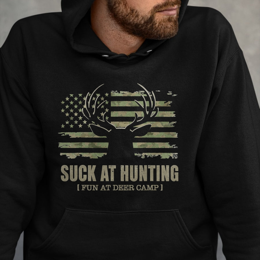 Funny Camping Shirt, Gift For Camping Lover Unisex T-Shirt/Hoodie/Sweatshirt HLT00 - Suck At Hunting Fun At Deer Camp Funny Man Hunter Camping T-Shirt