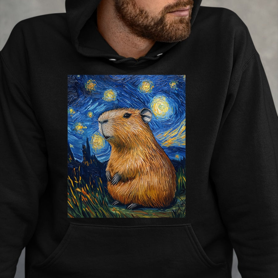 Cute Capybara Shirt, Funny Capybara Unisex T-Shirt/Hoodie/Sweatshirt HLT00 - Capybara Van Gogh Style Starry Night Funny Graphic T-Shirt