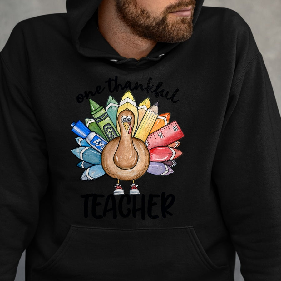 Best Thanksgiving Family Shirt , Funny Thanksgiving UnisexT-Shirt/Hoodie/Sweatshirt HLT00 - One Thankful Teacher Thanksgiving Turkey, Cute Crayon Pencil T-Shirt