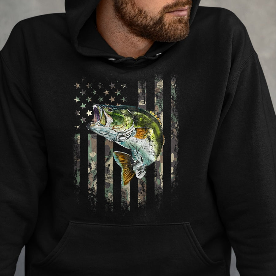 Funny Fishing Shirt, Gift For Fishing Lover Unisex T-Shirt/Hoodie/Sweatshirt HLT00 - (Art on Back) American Flag Camo Bass Fish Fishing T-Shirt