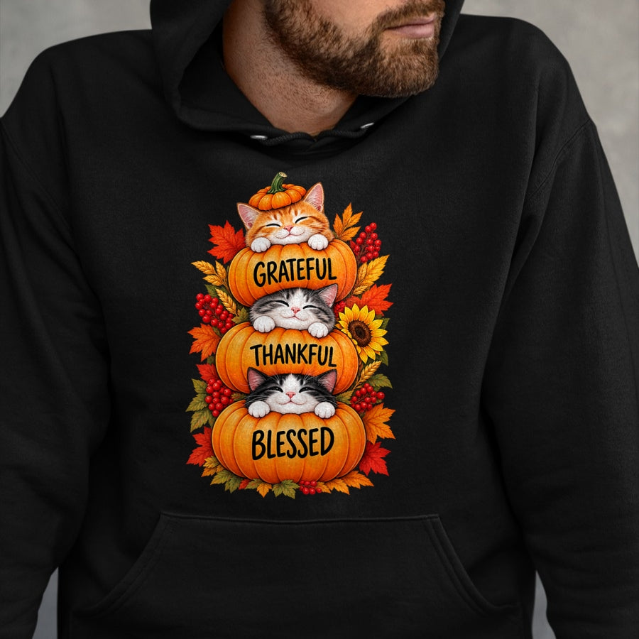 Best Thanksgiving Family Shirt , Funny Thanksgiving UnisexT-Shirt/Hoodie/Sweatshirt HLT00 - Grateful Thankful Blessed Cats Pumpkin Thanksgiving Fall T-Shirt