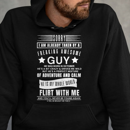 Best Wife Shirt, Wife and Husband Unisex T-Shirt/Hoodie/Sweatshirt HLT00 - Sorry I Am Already Taken By A Freaking Awesome Guy October T-Shirt (3)
