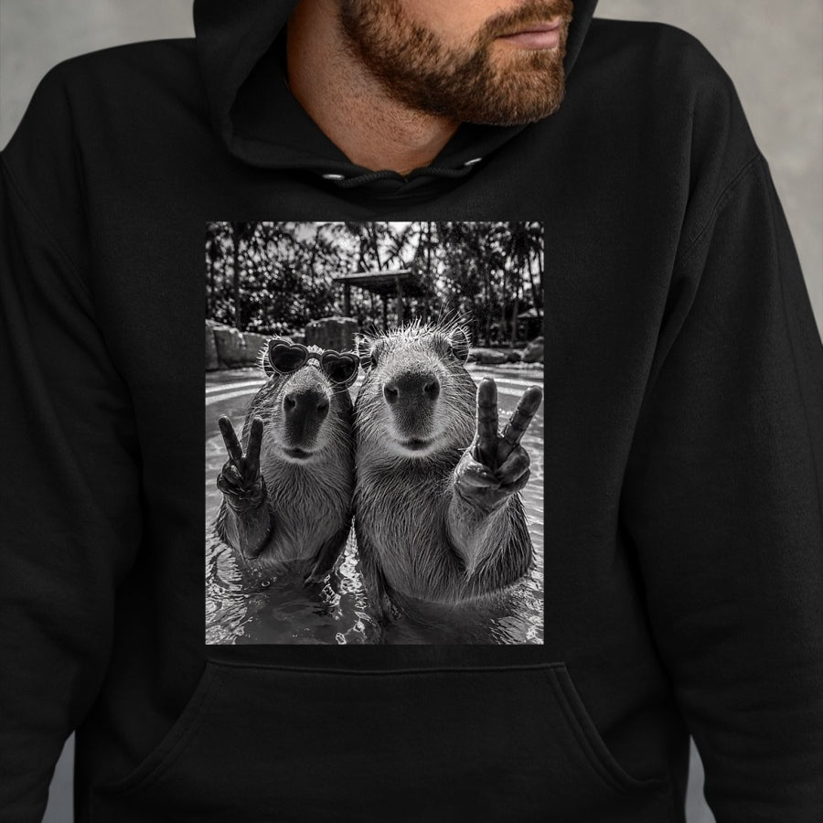 Cute Capybara Shirt, Funny Capybara Unisex T-Shirt/Hoodie/Sweatshirt HLT00 - Funny Capybara Selfie Peace Sign Men Women Cute Animal T-Shirt
