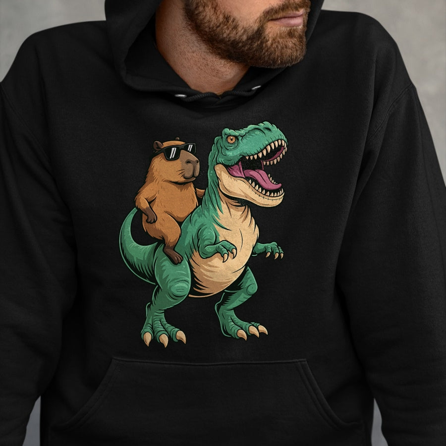 Cute Capybara Shirt, Funny Capybara Unisex T-Shirt/Hoodie/Sweatshirt HLT00 - Capybara Riding T-Rex T-Shirt