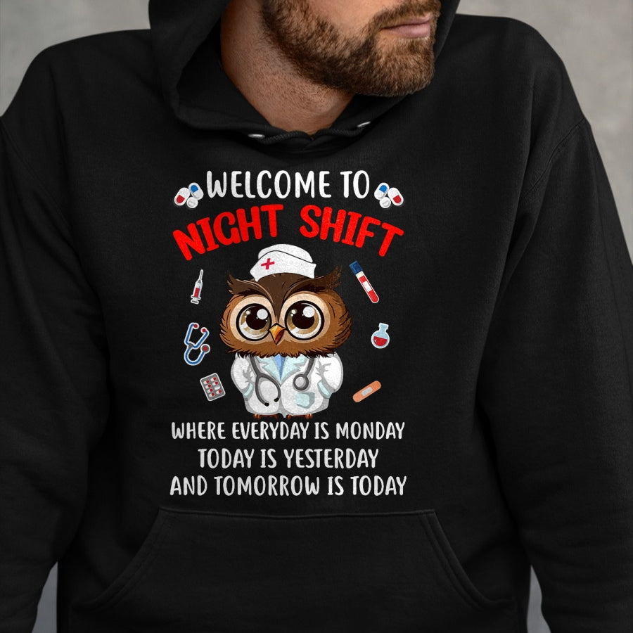 Funny Nurse Shirt, Nurse Unisex T-Shirt/Hoodie/Sweatshirt HLT00 - Owl Night Shift Funny Nurse Nursing Rn Lpn Cna For Men Women T-Shirt