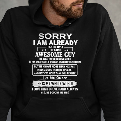Best Wife Shirt, Wife and Husband Unisex T-Shirt/Hoodie/Sweatshirt HLT00 - I'm Taken By A Freaking Awesome Guy He Was Born In November T-Shirt (1)